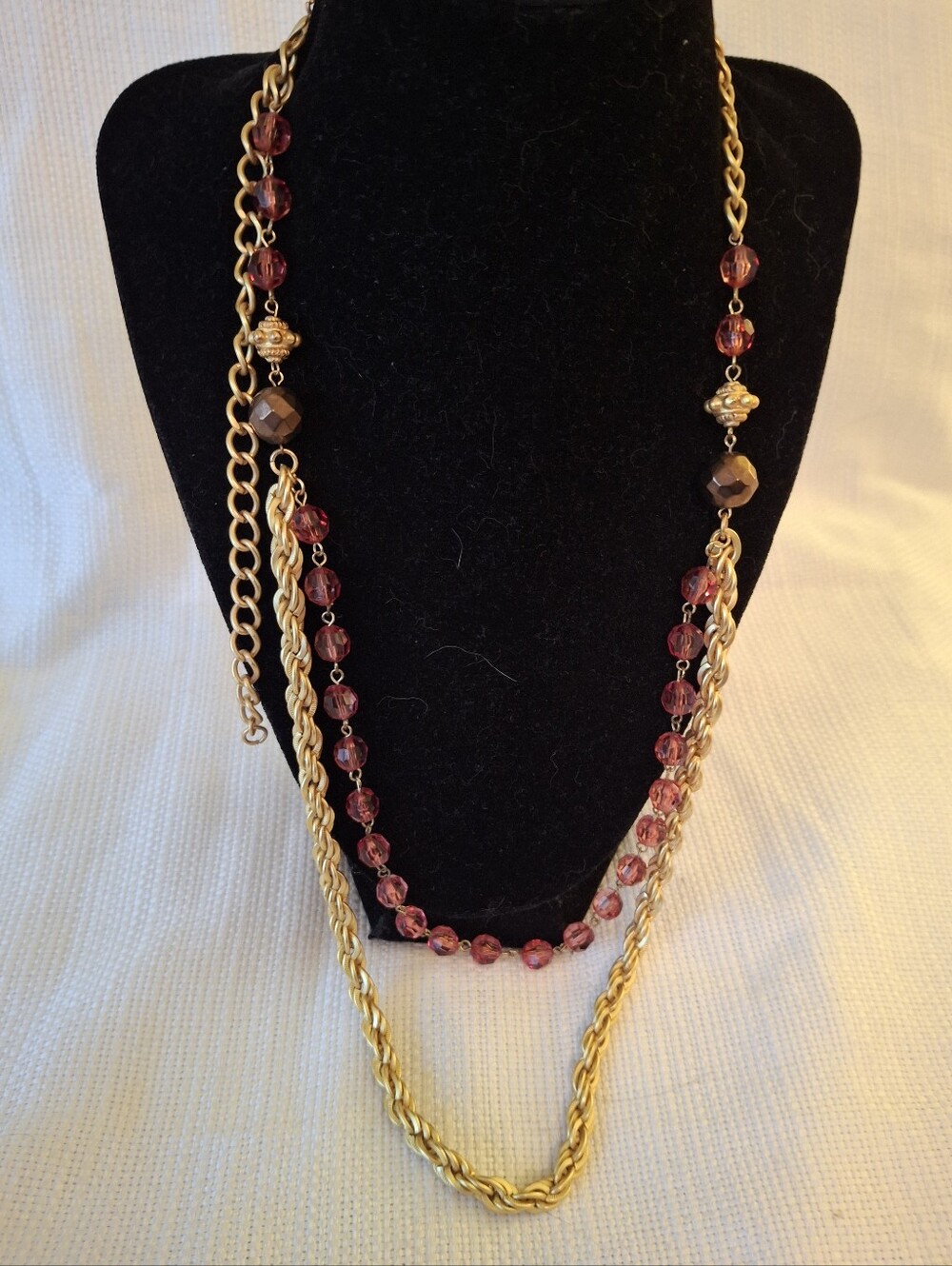 Vintage Gold and Burgundy Layered Beaded Necklace